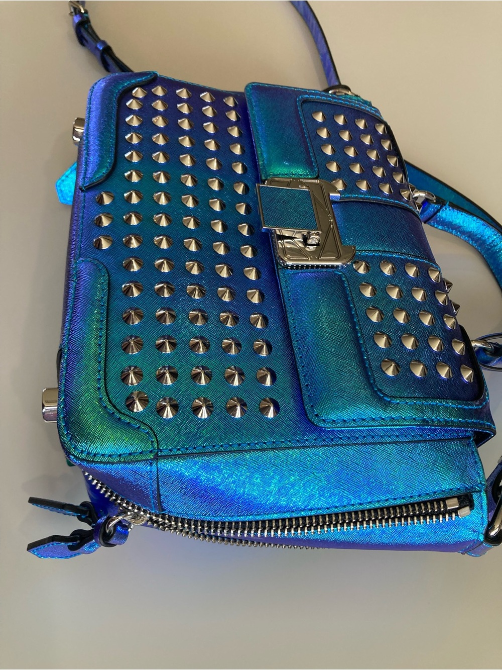 Rebecca Minkoff Iridescent Blue-Green Studded Satchel - Picture 6 of 15
